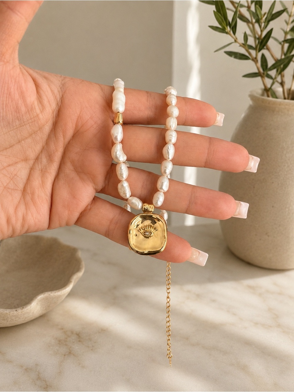 Pearl Necklace with Gold Charm Chunky Statement Jewelry - Picture 2 of 5